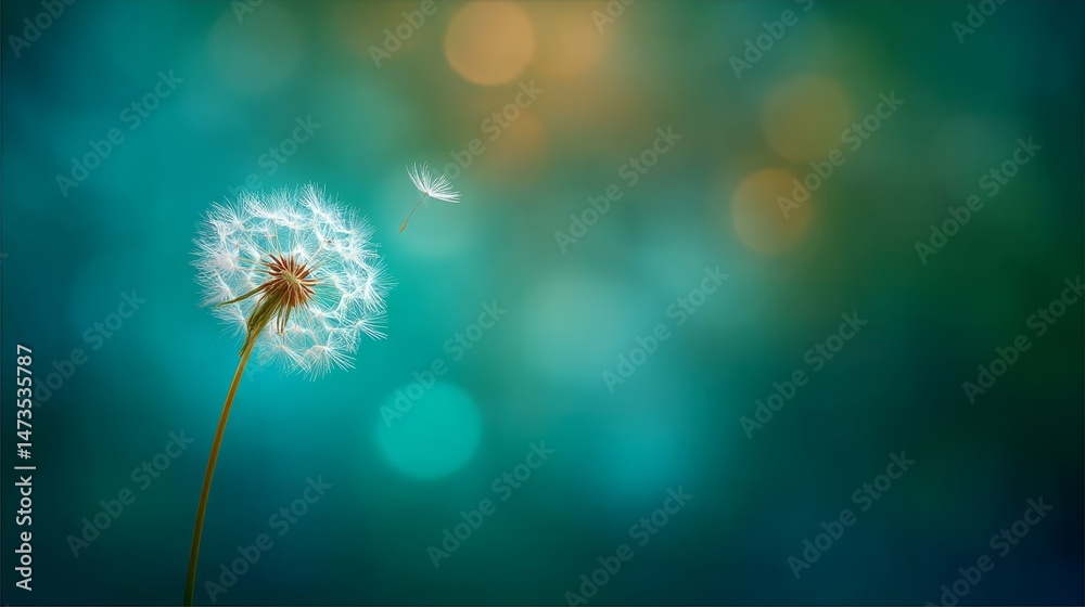 Poster a single dandelion seed glides gently through the air, surrounded by a soft, blurred background of g