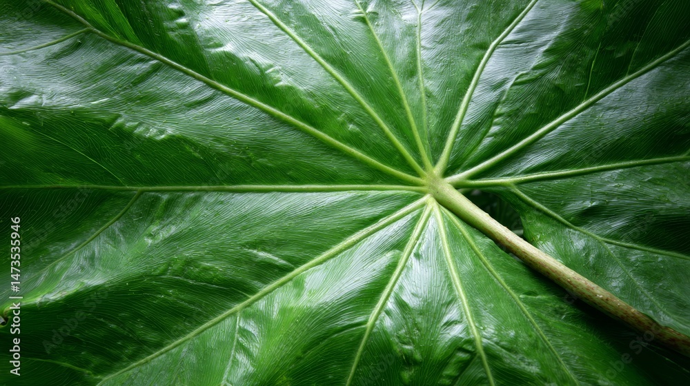 Poster Top-down view of a tropical leaf showcasing intricate textures and deep veins that create an abstract organic pattern in rich green hues