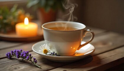 Fototapeta premium Warm herbal tea cup steam aroma candle flowers tranquility peace wooden table comfort cozy relaxation