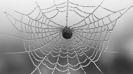 A close-up of a spiderweb glistening with morning dew, its intricate structure a testament to nature's engineering Tiny water droplets cling to the strands