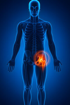 Medical illustration of human skeleton showing highlighted hip joint in pain or inflammation, used for orthopedic diagnosis, arthritis, joint issues, bone health, and anatomy reference