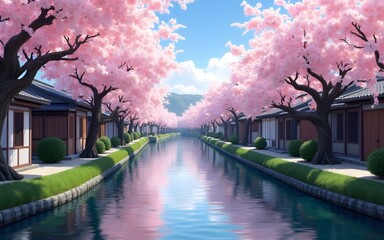 Japanese Village Canal Scene with Cherry Blossoms in Spring. High quality
