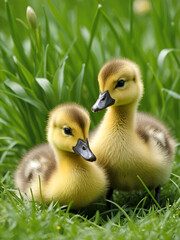 Obraz premium Two goslings cuddle in spring's green grass, a charming wildlife scene.