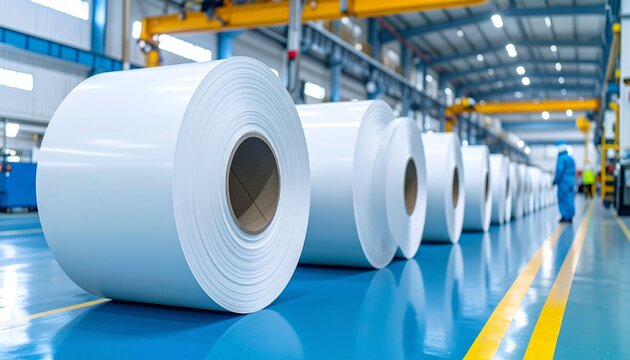 Shiny metal rolls neatly lined in an industrial setting, with a worker visible afar