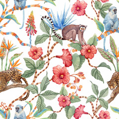 Tropical Jungle Pattern with Exotic Animals and Flowers , Watercolor hand drawn Illustration