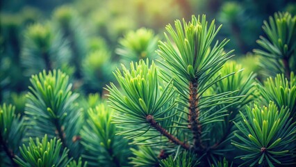 Dense cluster of green coniferous pine needles against a soft blurred background with subtle texture and slight color variation, foliage, botanical photography