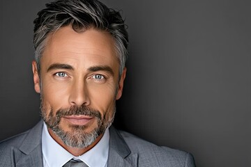 Confident businessman in a tailored suit with a well-groomed beard and striking blue eyes showcasing professionalism and charisma in a corporate setting concept