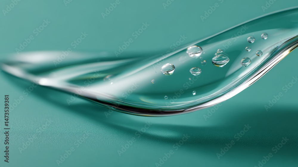 Poster A translucent teal liquid gracefully flows, creating waves and bubbles on a smooth teal background, embodying a contemporary cosmetic aesthetic