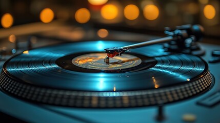 A close-up of a vinyl record spinning on a turntable, with the needle gently resting on its surface The image evokes a sense of nostalgia and the love of music