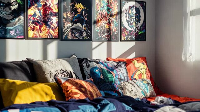Colorful anime posters decorate a cozy bedroom wall with vibrant bedding set, No people shot of colorful posters with game or anime heroes hanging on bedroom wall, modern design
