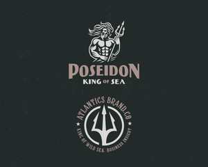 Obraz premium Poseidon or Neptune wielding a trident with waves logo template for corporate