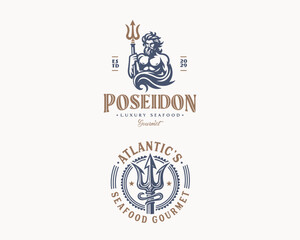 Obraz premium Poseidon or Neptune wielding a trident with waves logo template for corporate