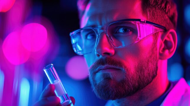 A male scientist, holding a test tube, stands surrounded by laboratory equipment, his gaze focused and thoughtful.