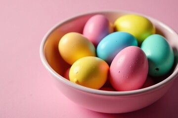 Obraz premium Colorful Easter eggs candies in a bowl, close-up view , Easter goodies, Easter candy, pastel