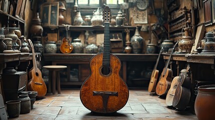 A collection of antique musical instruments, each with its own unique shape and history, sits in a dimly lit room, waiting to be played and to fill the air with melodies
