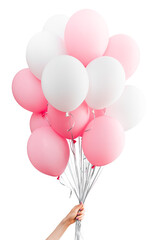 Bunch of pastel pink and white balloons held by a female hand with pink manicure, isolated on white background, festive helium party decoration with silver ribbons for birthday celebration or event