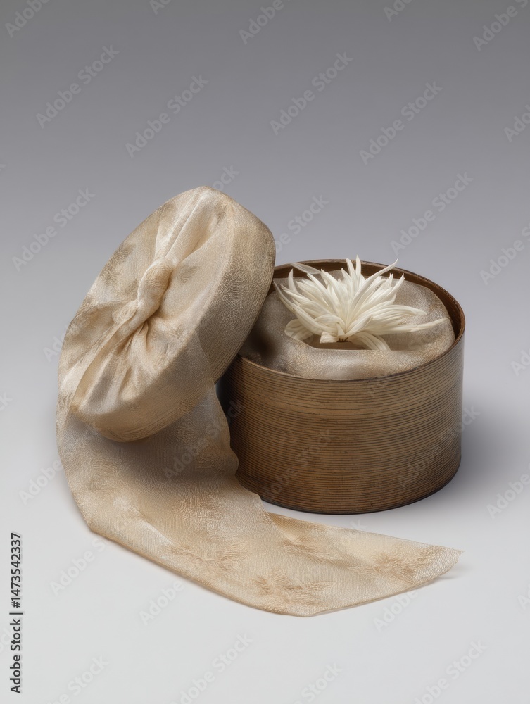 Poster elegant round box with silk wrap and delicate flower, partially opened for a refined presentation an