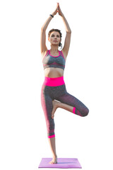 Fit woman practicing tree pose on yoga mat with hands raised above head, wearing pink and gray sportswear, healthy lifestyle and balance training concept, full-length view, isolated on white backgrou