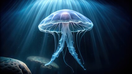 A translucent ethereal jellyfish floats gently in dark, mysterious waters, its umbrella-like body glowing softly under the dim light, bioluminescent effect, marine life
