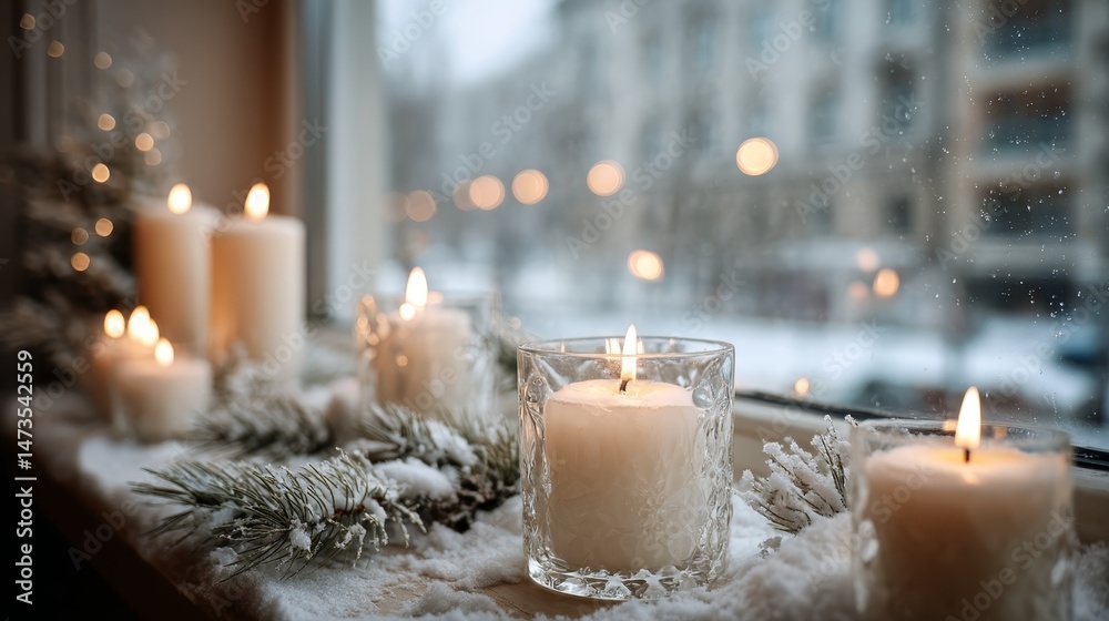 Aufkleber a cozy windowsill features a blank greeting card next to glowing candles and lush pine branches, whi