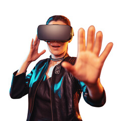 Stylish woman in black leather jacket wearing virtual reality headset on isolated white background making hand gesture, with colorful blue orange lighting for digital technology concept