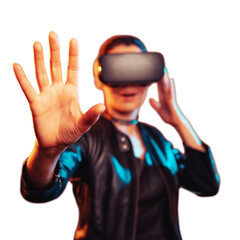 Stylish woman in black leather jacket wearing virtual reality headset on isolated white background making hand gesture, with colorful blue orange lighting for digital technology concept