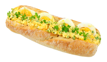 Egg mayonnaise sandwich with cress herb in a crusty bread baguette isolated on a white background