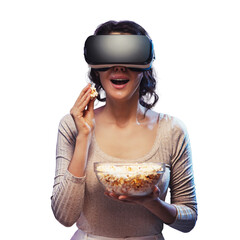 Young girl getting experience VR headset is using augmented reality eyeglasses being in virtual reality. Young woman wear VR headset and watch movie with popcorn at stay home