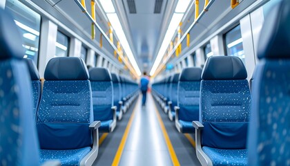 Obraz premium Interior of a passenger train car with blue seats and an individual at the back