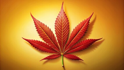 A vibrant red marijuana leaf with a subtle sheen, set against a warm golden background , #marijuana leaf, botanical illustration