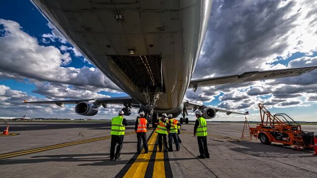 Ground crew meticulously working beneath large cargo jet, performing detailed pre flight maintenance and preparation procedures for imminent departure