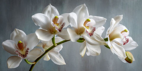 White cymbidium orchid on misty gray background