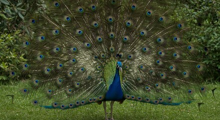 Obraz premium Peacock displaying feathers on green grass