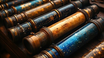 A collection of vintage telescopes, their brass and wood gleaming softly, points towards the night sky, inviting exploration of the cosmos and the mysteries of the universe