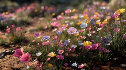 Blooming desert showcases vibrant flowers after rare rainfall in a stunning display of nature's resilience and beauty