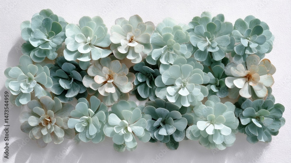 Fototapete Small bunches of pale green cactus leaves are neatly arranged on a white background, creating a calming and harmonious visual effect with soft shadows