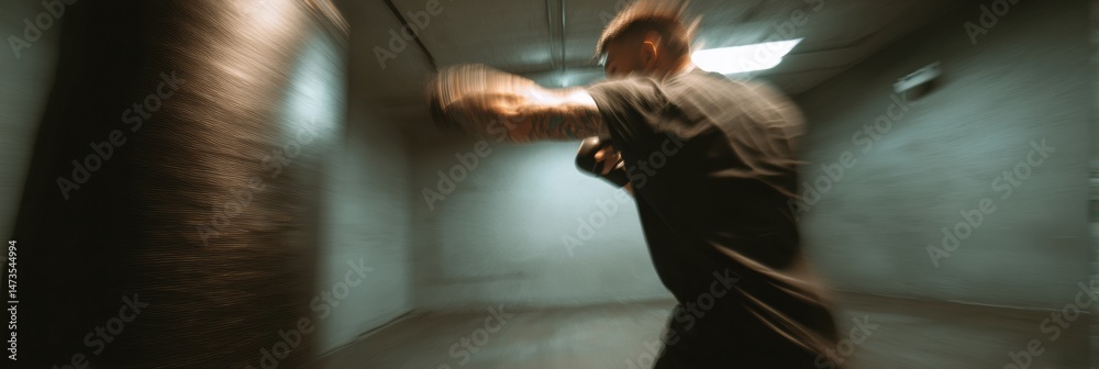Poster impact from a powerful punch on a heavy bag in a dimly lit training room with visible arm movement
