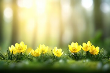 Spring blossoms in a sunlit forest