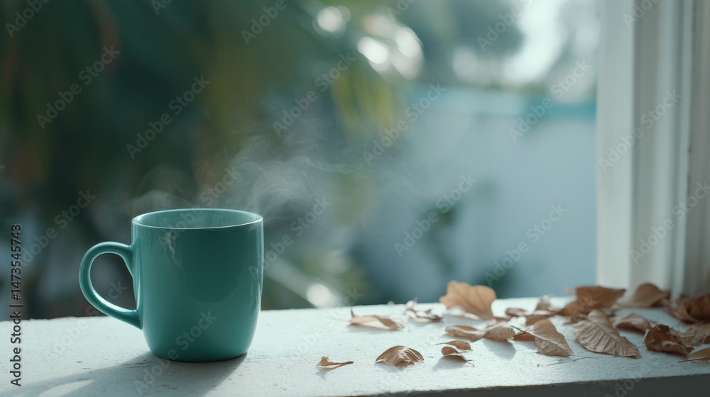 Poster a steaming teacup rests on a windowsill with fogged glass, illuminated by ambient light and surround