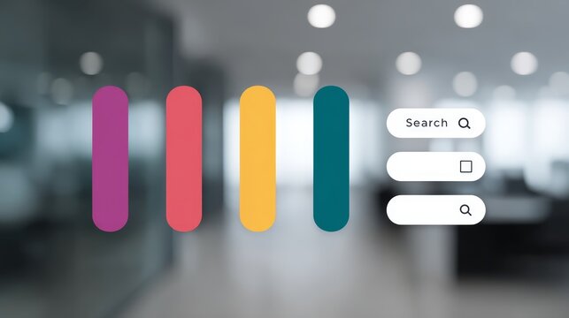 Colorful graphs and a search bar hover over a blurred office environment, illustrating concepts of performance analytics in a modern workspace