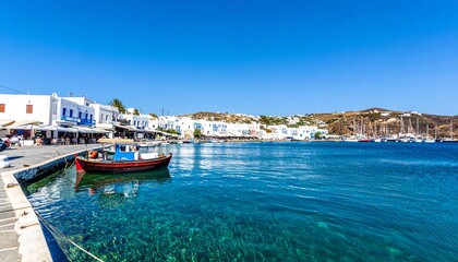 Coastal town with boats, harbor views, whitewashed buildings, and vibrant blue waters