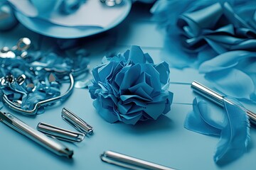 A close-up of a vibrant blue fabric flower embellishment amidst crafting tools and materials.  Colorful, textured, and decorative