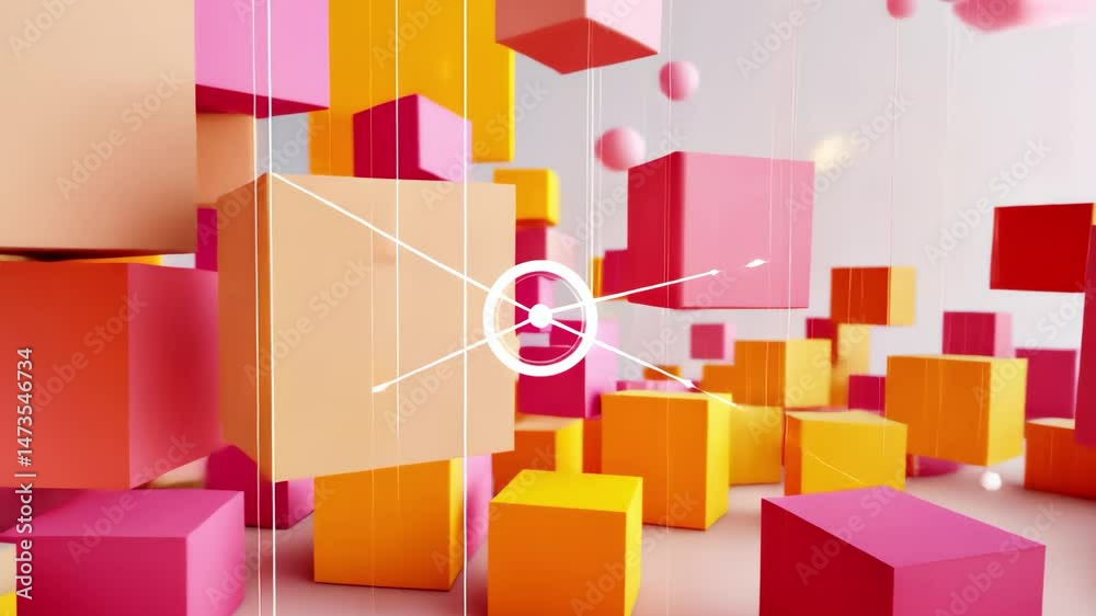 Aufkleber data blocks flowing dynamically across a network with vibrant colors and suspended particles, 3d dep