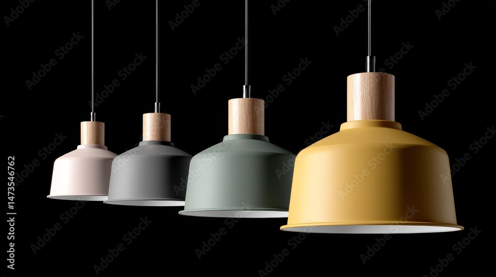Poster A series of pendant light fixtures in diverse colors suspend at different heights, glowing softly against a stark black background, adding elegance to any space