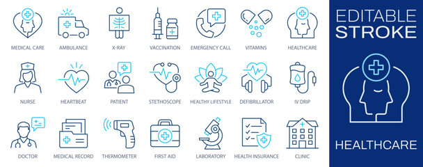 Healthcare icons, such as medical, hospital, doctor, health and more. Editable stroke. Change to any size and any color.