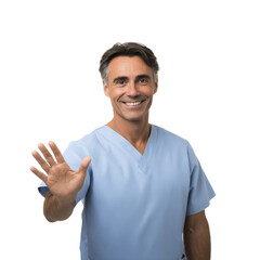 A friendly doctor in scrubs waving with a smile on his face