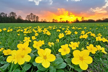 Sunset over a field of vibrant yellow flowers.  A vast expanse of wildflowers carpets the meadow, with the sun setting ablaze behind a line of trees