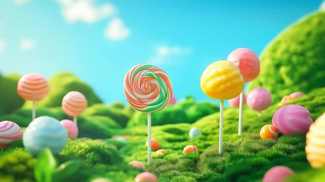 Lollipops in the park, colorful candy land playground, sweet swirl candies, isolated background, cute cartoon environment happy amusement park, fantasy world, hills epic cinematic	