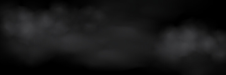 White fog or smoke cloud on black background. Realistic smoke effect vector illustration. Smoky mist, toxic vapor, meteorological phenomenon, condensation over land or water surface.