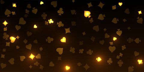 Casino background. Falling golden glowing playing cards on black background. Sparkling hearts, clubs, diamonds and spades on dark. Online gambling concept. VIP abstract vector illustration.
